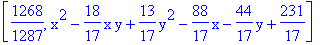 [1268/1287, x^2-18/17*x*y+13/17*y^2-88/17*x-44/17*y+231/17]